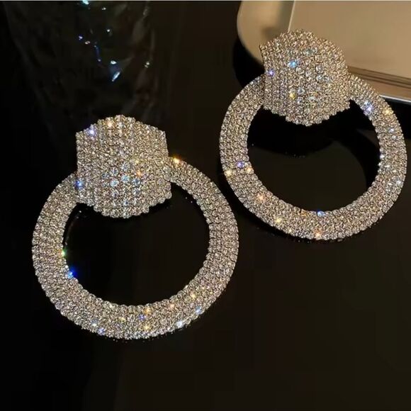 Big Bold Rhinestone Silver Hoop Earrings Circle Pave Crystal Statement Jewelry - Picture 5 of 5